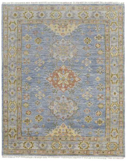 9' X 12' Blue Green And Yellow Geometric Hand Knotted Area Rug With Fringe