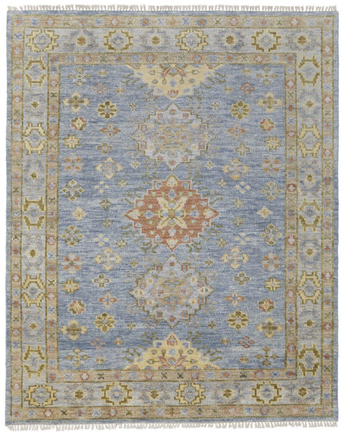 9' X 12' Blue Green And Yellow Geometric Hand Knotted Area Rug With Fringe