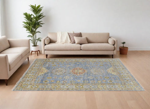 9' X 12' Blue Green And Yellow Geometric Hand Knotted Area Rug With Fringe