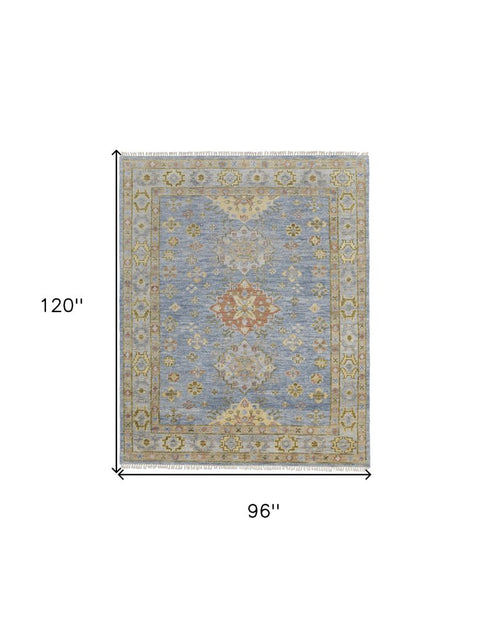 9' X 12' Blue Green And Yellow Geometric Hand Knotted Area Rug With Fringe