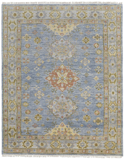 9' X 12' Blue Green And Yellow Geometric Hand Knotted Area Rug With Fringe