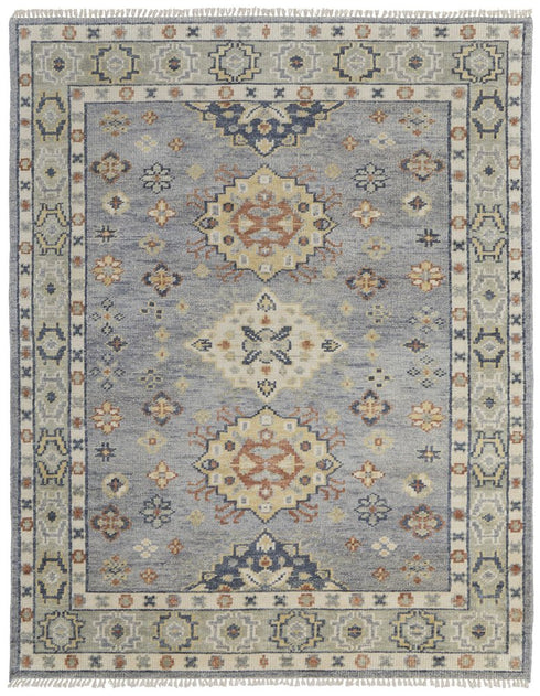 8' X 10' Gray Blue and Taupe Wool Geometric Hand Knotted Area Rug With Fringe