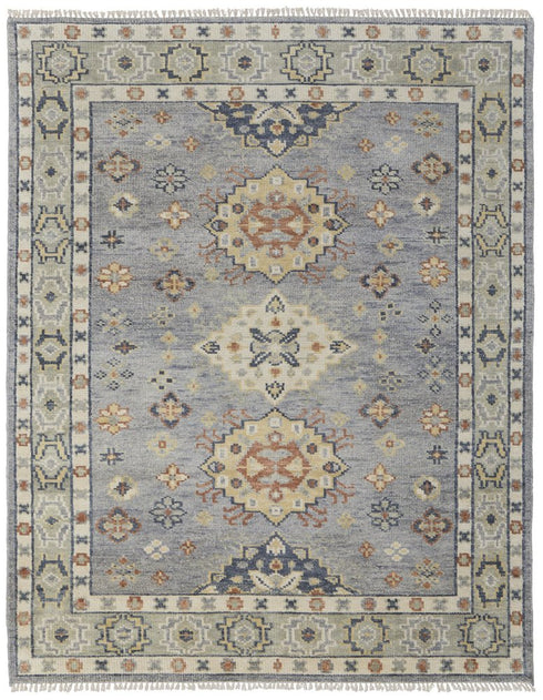8' X 10' Gray Blue and Taupe Wool Geometric Hand Knotted Area Rug With Fringe