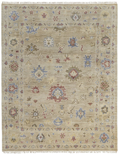 9' X 12' Tan Brown and Blue Wool Floral Hand Knotted Area Rug With Fringe