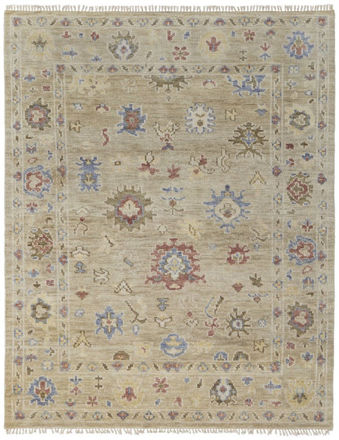 9' X 12' Tan Brown and Blue Wool Floral Hand Knotted Area Rug With Fringe