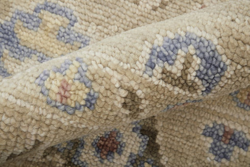 9' X 12' Tan Brown and Blue Wool Floral Hand Knotted Area Rug With Fringe