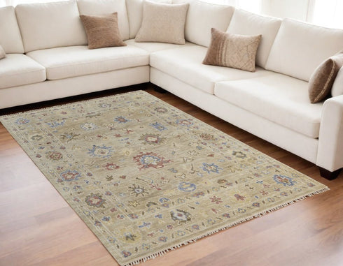 9' X 12' Tan Brown and Blue Wool Floral Hand Knotted Area Rug With Fringe