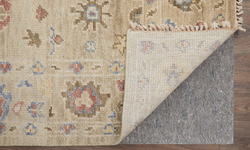 9' X 12' Tan Brown and Blue Wool Floral Hand Knotted Area Rug With Fringe
