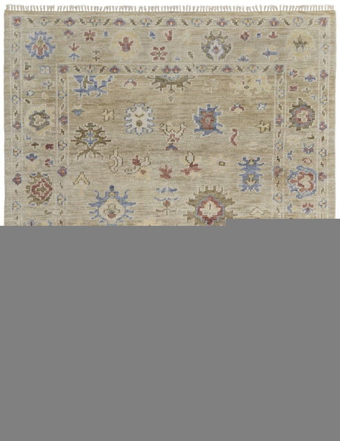 9' X 12' Tan Brown and Blue Wool Floral Hand Knotted Area Rug With Fringe