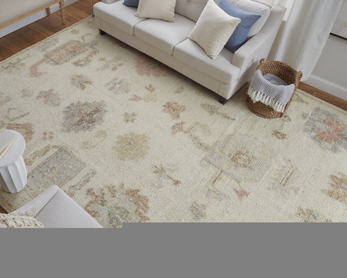 8' X 12' Ivory Tan and Gray Wool Floral Hand Knotted Area Rug