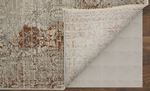 8' Gray Ivory And Burnt Orange Oriental Distressed Runner Rug With Fringe