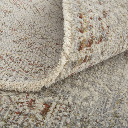 8' Gray Ivory And Burnt Orange Oriental Distressed Runner Rug With Fringe