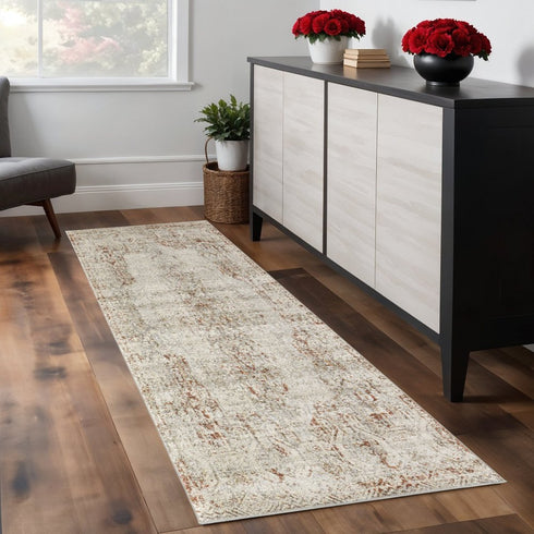8' Gray Ivory And Burnt Orange Oriental Distressed Runner Rug With Fringe