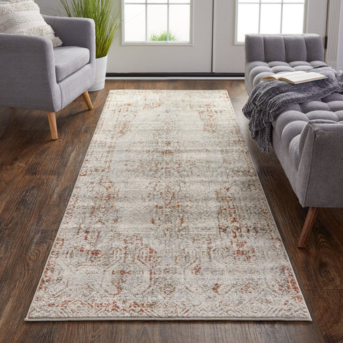 8' Gray Ivory And Burnt Orange Oriental Distressed Runner Rug With Fringe