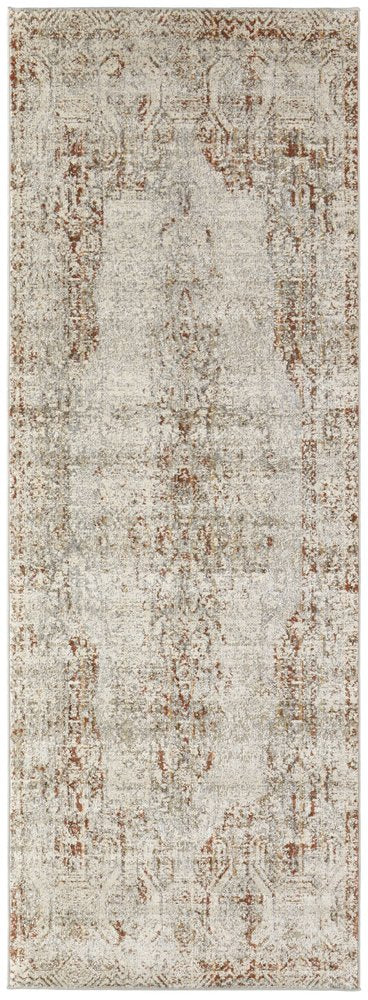 8' Gray Ivory And Burnt Orange Oriental Distressed Runner Rug With Fringe
