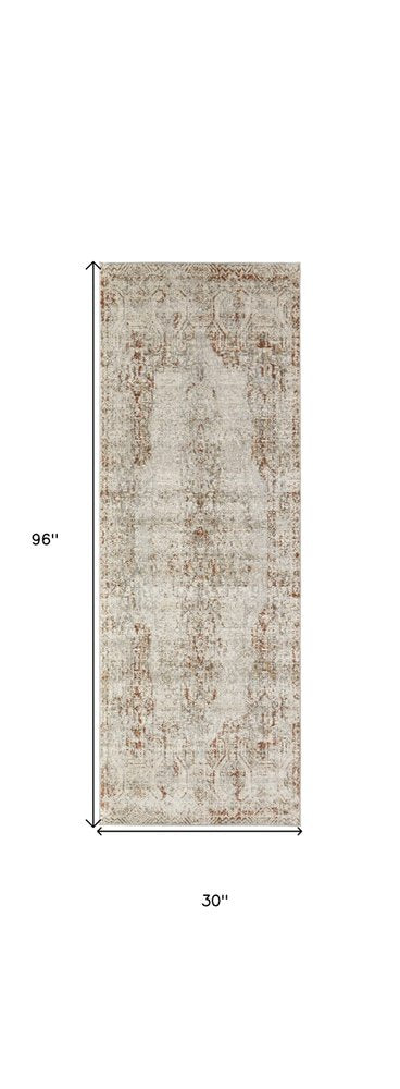 8' Gray Ivory And Burnt Orange Oriental Distressed Runner Rug With Fringe
