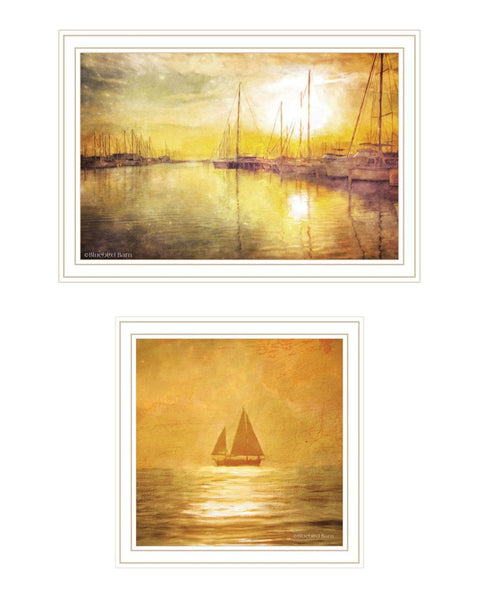 Set Of Two "Golden Solo Sailboats" White Framed Wall Art