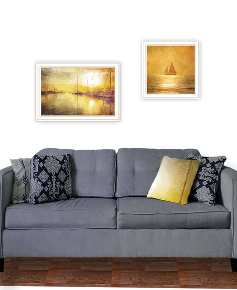 Set Of Two "Golden Solo Sailboats" White Framed Wall Art