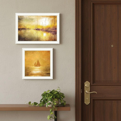 Set Of Two "Golden Solo Sailboats" White Framed Wall Art