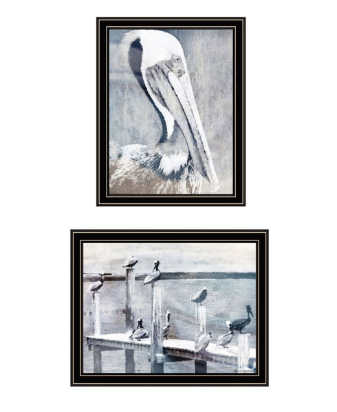 Set Of Two Pelican's on Pier Black Framed Wall Art