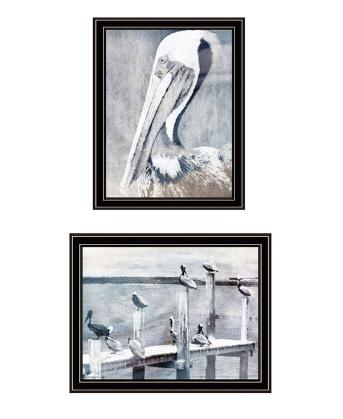 Set Of Two Pelican's on Pier Black Framed Wall Art