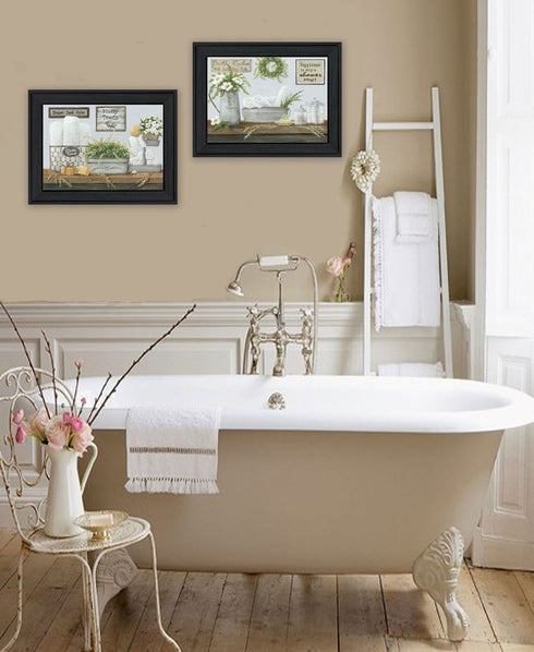 Set Of Two "Fluffy Towels" -Bathroom Decor Black Framed Bathroom Wall Art