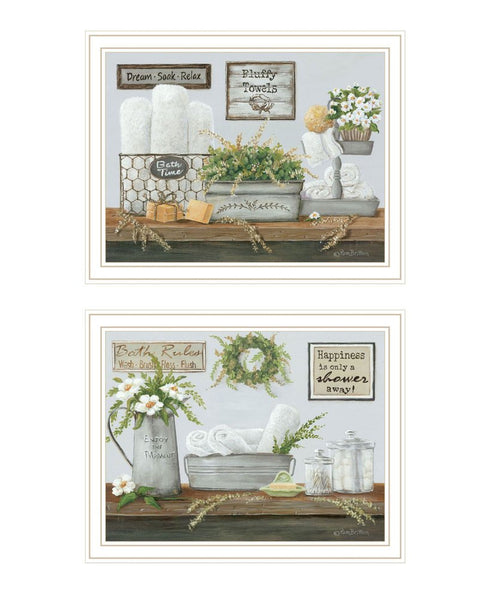 Set Of Two "Fluffy Towels" -Bathroom Decor White Framed Bathroom Wall Art