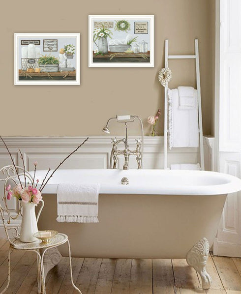 Set Of Two "Fluffy Towels" -Bathroom Decor White Framed Bathroom Wall Art