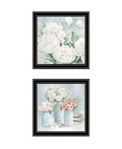 Set Of Two "Peaceful Pastel Peonies" Black Framed Wall Art