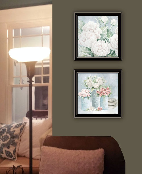 Set Of Two "Peaceful Pastel Peonies" Black Framed Wall Art