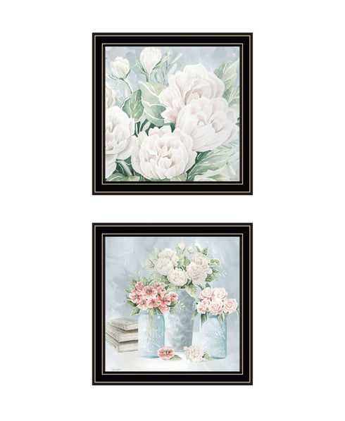 Set Of Two "Peaceful Pastel Peonies" Black Framed Wall Art