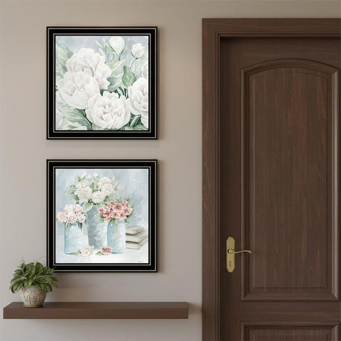 Set Of Two "Peaceful Pastel Peonies" Black Framed Wall Art