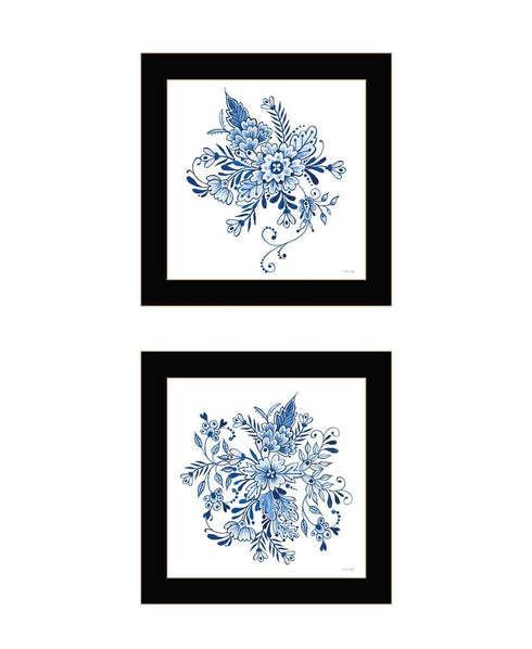 Set Of Two Delph Designs of Blue and white Florals Black Framed Wall Art