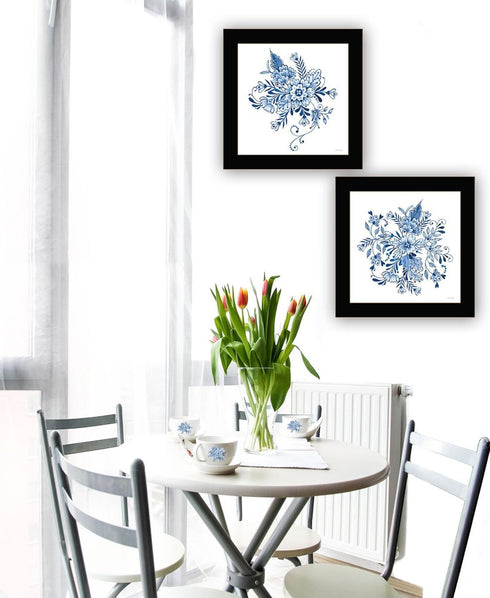 Set Of Two Delph Designs of Blue and white Florals Black Framed Wall Art