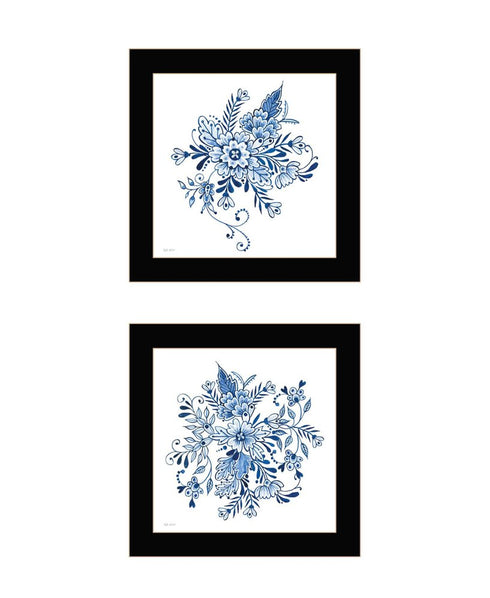 Set Of Two Delph Designs of Blue and white Florals Black Framed Wall Art