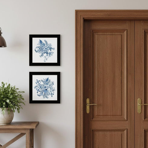 Set Of Two Delph Designs of Blue and white Florals Black Framed Wall Art