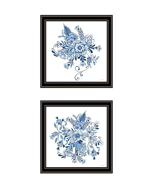Set Of Two Blue And White Delph Floral Black Framed Wall Art