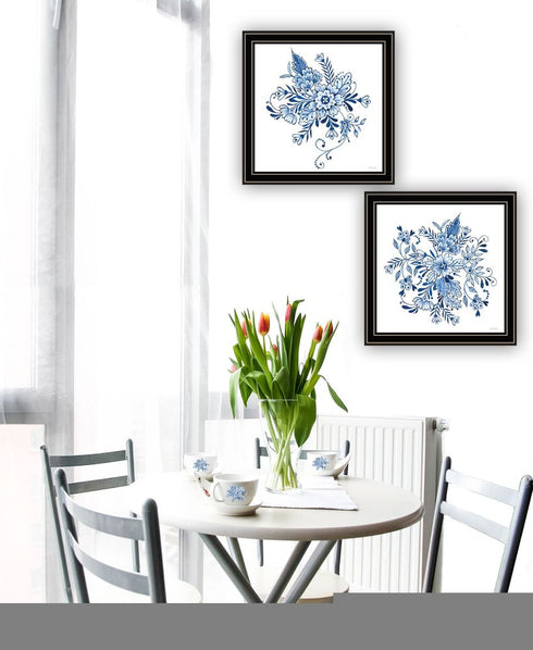Set Of Two Blue And White Delph Floral Black Framed Wall Art