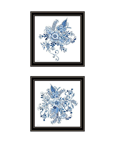 Set Of Two Blue And White Delph Floral Black Framed Wall Art