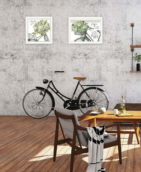 Set Of Two Get on Your Bike and Scatter Your Joy White Framed Wall Art