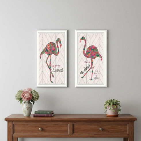 Set Of Two "Flamingo's - A matrix colors!" White Framed Wall Art