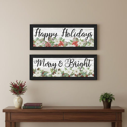 Set Of Two Merry and Bright Holiday Black Framed Wall Art