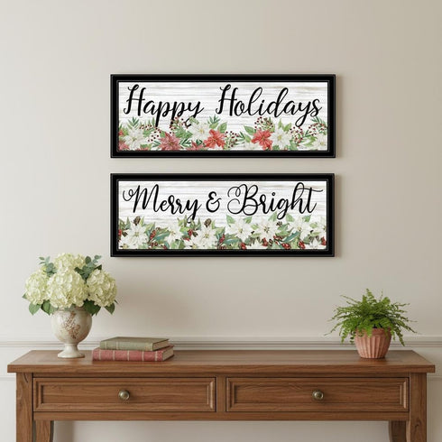 Set Of Two Merry and Bright Holiday Black Framed Wall Art