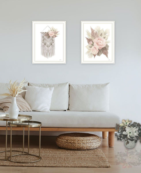 Set Of Two "Bohemian Macrame And Floral Arrangement" White Framed Wall Art