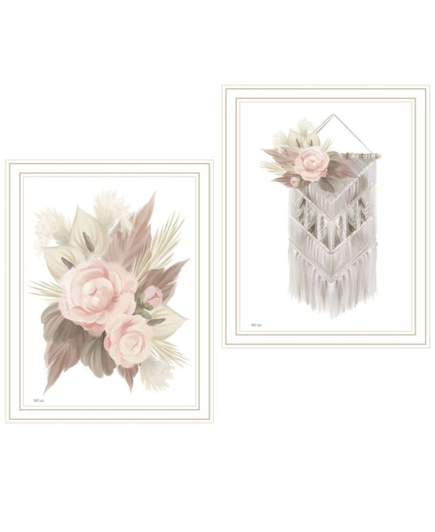 Set Of Two "Bohemian Macrame And Floral Arrangement" White Framed Wall Art