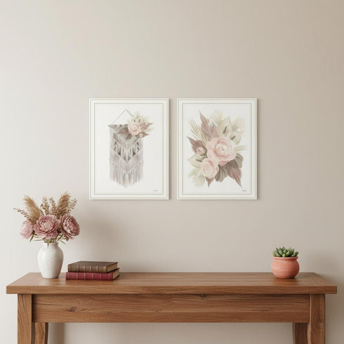 Set Of Two "Bohemian Macrame And Floral Arrangement" White Framed Wall Art