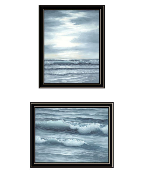 Set Of Two "The Ocean Blue - high tide at sunset." Black Framed Wall Art