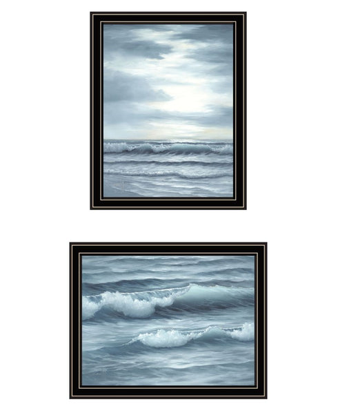 Set Of Two "The Ocean Blue - high tide at sunset." Black Framed Wall Art