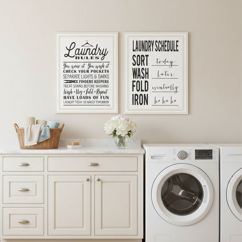 Set Of Two Laundry Rules And Schedules White Framed Laundry Wall Art