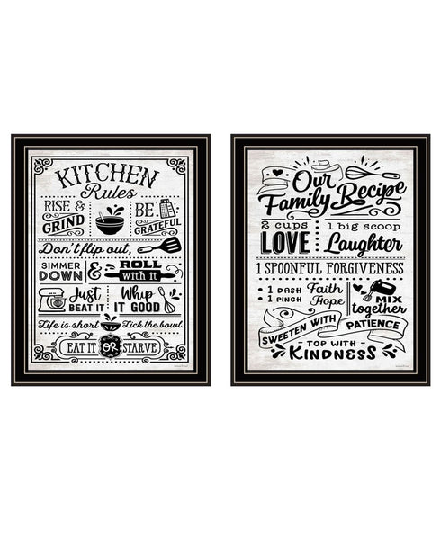 Set Of Two Our Family Kitchen Rules And Recipes Black Framed Kitchen Wall Art